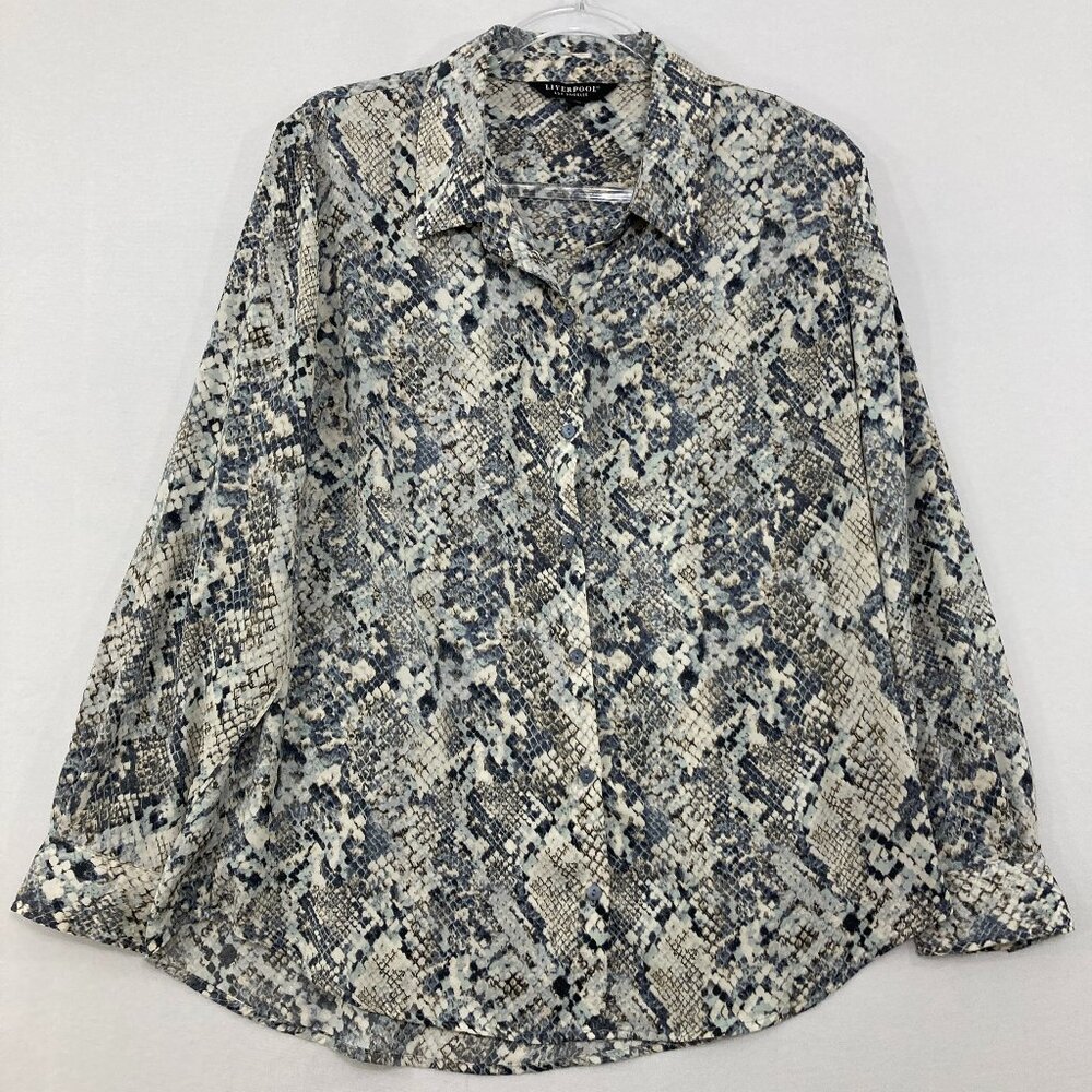 Liverpool Large Gray Animal Print Long Sleeve Button Down Office Career Preppy